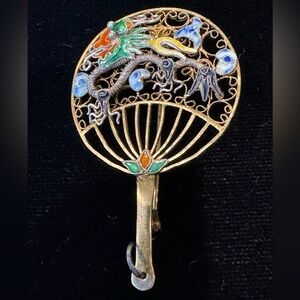 Vintage Chinese Export Silver Filigree Fan Brooch Marked SILVER